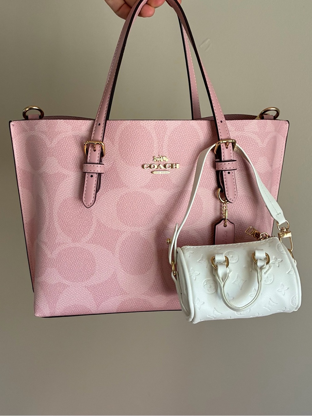 White Leather monogram Mini Satchel Bag charm
